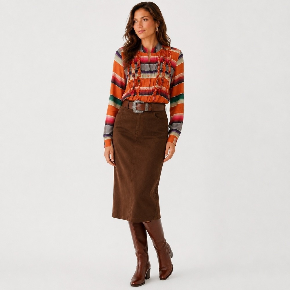 Tasha Polizzi Snap Front Shirt Women M Southwestern Stripe Cotton Ruffle Western
